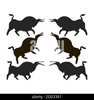 Drei Paare schwarzer wütender Bullen. Stierkampf. Stilisierte Büffel. Junge starke Tiere in stolzer Pose. Wilde Bestien schwarze Silhouetten einander gegenüber Stock Vektor