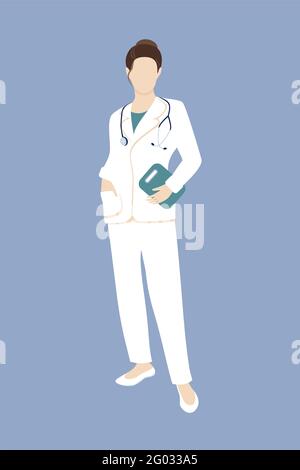 Eine kaukasische Ärztin in einer medizinischen Uniform. Porträt eines professionellen Profis in voller Länge. Arbeiten in einem Krankenhaus oder einer Klinik. Konzeptvektordarstellung in Stock Vektor