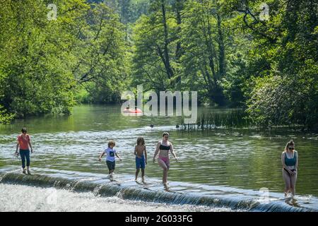 Die Menschen paddeln und schwimmen in Warleigh Weir, Bath, da der Feiertag-Montag der bisher heißeste Tag des Jahres sein könnte - mit Temperaturen, die in Teilen Großbritanniens auf 25 C steigen werden. Bilddatum: Montag, 31. Mai 2021. Stockfoto