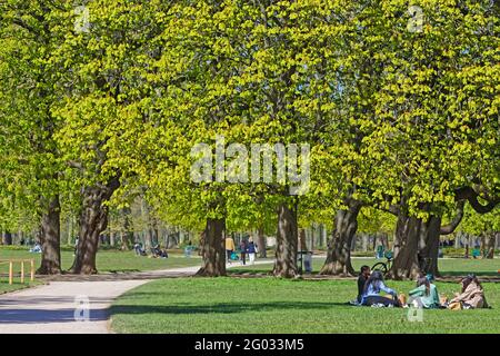 LYON, FRANKREICH, 8. April 2021 : an einem sonnigen Frühlingstag erholen sich die Lyoner im Park. Der Park ist einer der größeren Stadtparks in Frankreich. Stockfoto