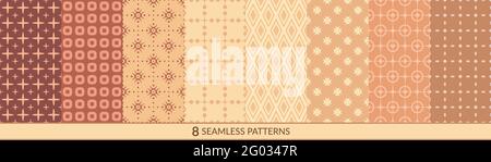 Vektor nahtlose geometrische Muster Kollektion. Satz einfacher Hintergrundfelder. Abstrakte minimalistische Texturen in Braun- und Beigetönen. Für Stoff, Tapete, Scrapbooking, Karte, Einladungen oder Verpackung. Stock Vektor