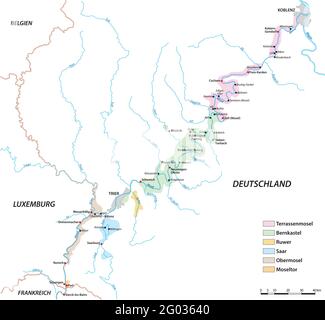 Vektorkarte der Weinanbaugebiete an der Mosel, Deutschland Stock Vektor