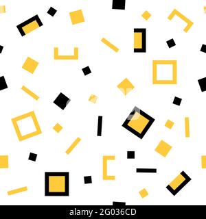 Einfaches geometrisches nahtloses Muster aus Quadraten und Linien in Gold, Schwarz und Weiß. Für Stoff, Tapete, Scrapbooking, Karte, Einladungen oder Verpackung. Stock Vektor
