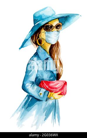 Frau trägt stilvolle Schutz Gesichtsmaske in einem blauen Mantel und eine stilvolle rosa Handtasche. Aquarell mit Handrawn gemalt. Stockfoto