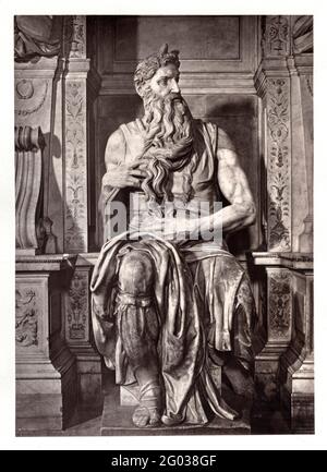 Moses Skulptur von Michelangelo Buonarroti (1475 - 1564), in San Pietro in Vincoli, Rom, Italien, um 1513 - 1515 / 1875. Veröffentlicht in 'Michael Angelo Buonarroti' von Charles Christopher Black, 1875. Stockfoto