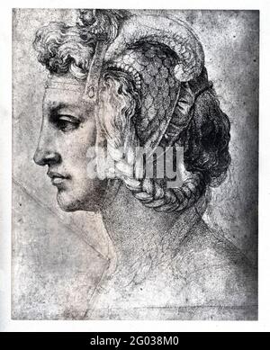 Zeichnung eines idealen Kopfes einer Frau von Michelangelo Buonarroti (1475 - 1564), um 1525 / 1875. Veröffentlicht in 'Michael Angelo Buonarroti' von Charles Christopher Black, 1875. Stockfoto