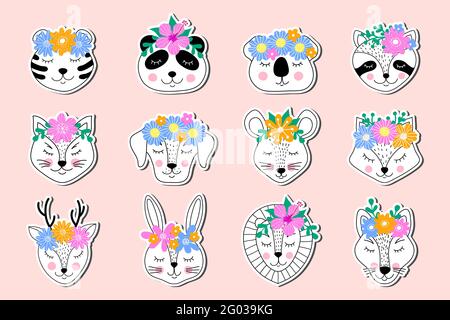 Aufkleber von handgezeichneten Tieren Stock Vektor