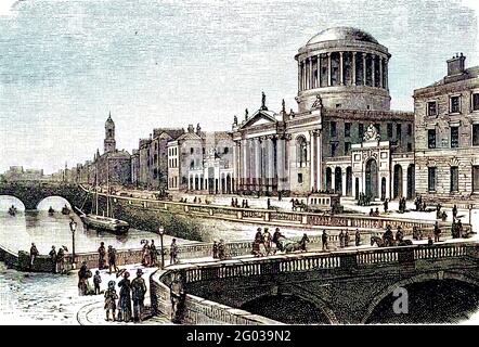 The Four High Courts, Four Courts, Dublin, Ireland, in 1860 / die vier hohen Gerichtshöfe, Four Courts, Dublin, Irland, im Jahr 1860, Historisch, historisch, digital verbesserte Reproduktion eines Originals aus dem 19. Jahrhundert / digitale Produktion einer Originalvorlage aus dem 19. Jahrhundert, koloriert, koloriert, koloriert, handkoloriert, Handkolorierung, handfarbig, farbig Stockfoto