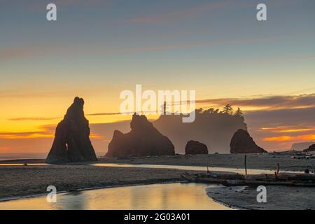 Olympic National Park, Washington, USA im Ruby Beach in der Abenddämmerung. Stockfoto