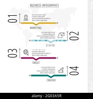 Moderne und Linienvektor-Infografiken mit vier Schritten. 4 Symbole mit dünnen Linien für die App, Website, Schnittstelle, Diagramm, Ebenen, Web, Diagramm, Banner Stock Vektor