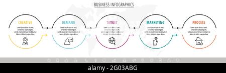 Vektor-Infografiken fünf Kreise mit Pfeilen. Liniengeschäftskonzept mit 5 Schritten, Optionen. Infografik-Vorlage für Diagramm, Web, Banner, Präsentationen Stock Vektor