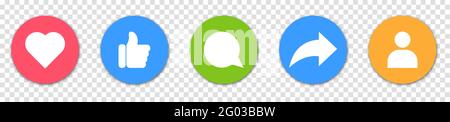 Sammlung von Social-Media-Symbolen. Herz, Gefällt mir oder Liebe, Kommentar, Freund und teilen. Design für Web- und mobile Apps. Vektor isoliert auf transparentem Backgr Stock Vektor