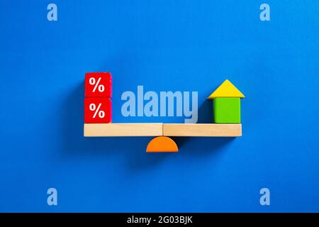 Zinsansteigen und Bankenkonzept, Musterhaus mit Prozentsymbol auf Wippe auf Holzskala. Stockfoto