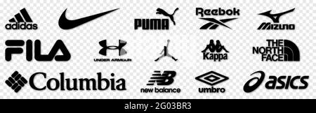 Vinnytsia, Ukraine - 30. Mai 2021: Beliebte Logos beliebter Sportartikelmarken. Adidas, Nike, Puma, Reebok, Mizuno, Fila, Under Armour, Jordan, Kappa, Stock Vektor