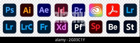 VINNYTSIA, UKRAINE - Mai 30 2021 Satz von beliebten Adobe Apps Icons. illustrator, photoshop, Creative Cloud, After Effects, lightroom und etc. Editorial Stock Vektor