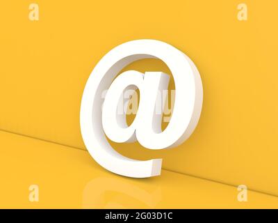E-Mail-Zeichen auf gelbem Hintergrund. 3d-Renderdarstellung. Stockfoto