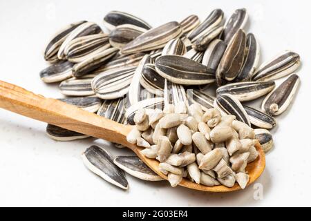 Kerne in Holzlöffel und Haufen Sonnenblumenkerne auf Graue Keramikplatte Stockfoto