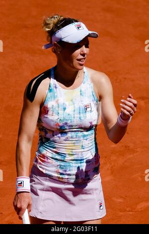 31. Mai 2021, Frankreich, Paris: Tennis: Grand Slam/WTA Tour - French Open, Frauen-Singles, 1. Runde, Siegemund (Deutschland) - Garcia (Frankreich). Laura Siegemund Gesten. Foto: Frank Molter/dpa Stockfoto