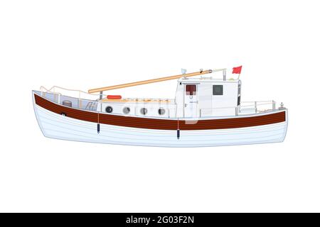 Boot isoliert auf weißem Hintergrund. Kommerzielles Seefischerei-Trawler-Schiff. Seeschifffahrt für die Fischerei. Schiffsansicht.Vektorgrafik Stock Vektor