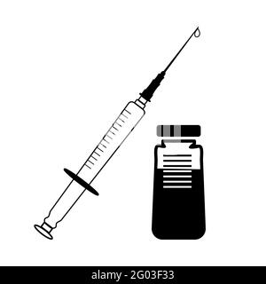 Spritze mit Impfstoffflasche isoliert auf weißem Hintergrund.Satz von Impfsymbol Silhouette.Injektionszeichen. Stop Coronavirus.Stock Vektor Illustration Stock Vektor