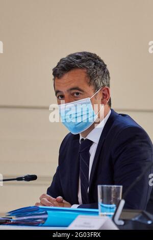 Gerald Darmanin, Ministre de l'Interieur lors du conseil des Ministers franco-Allemands en visioconference au palais de l'Elysee à Paris, France, le 31 Mai 2021. Der französische Präsident und Mitglieder des Kabinetts nehmen am 31. Mai 2021 an der 22. Videokonferenz des Deutsch-Französischen Ministerrats im Präsidentenpalast Elysee in Paris, Frankreich, Teil. Foto von Cyril Moreau/Pool/ABACAPRESS.COM Stockfoto
