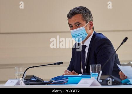 Gerald Darmanin, Ministre de l'Interieur lors du conseil des Ministers franco-Allemands en visioconference au palais de l'Elysee à Paris, France, le 31 Mai 2021. Der französische Präsident und Mitglieder des Kabinetts nehmen am 31. Mai 2021 an der 22. Videokonferenz des Deutsch-Französischen Ministerrats im Präsidentenpalast Elysee in Paris, Frankreich, Teil. Foto von Cyril Moreau/Pool/ABACAPRESS.COM Stockfoto
