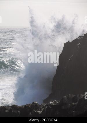Die Wellen brechen spektakulär gegen die hohen, steilen Felsklippen entlang der Küste von Tsitsikamma in Südafrika Stockfoto