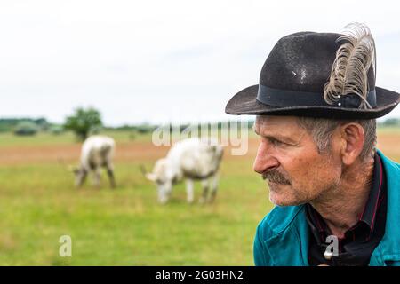 Portrait eines traditionellen Grauvieh-Hirtenhirten aus dem ländlichen Raum Ungarn Stockfoto