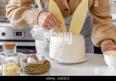 Nahaufnahme eines zugeschnittenen Bildes von Frau, die Kuchen in der Küche zu Hause backen und dekorieren. Stockfoto
