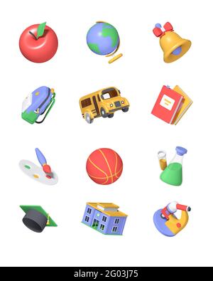 Zurück in die Schule - Bunte 3d-Icons gesetzt. Bildungskonzept. Schultasche, Globus, Pinsel und Farben, Mikroskop, Bus, Bücher, Glocke, akademische Kappe, Kolben, App Stockfoto