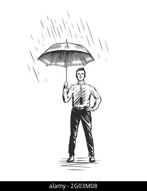 Geschäftsmann mit Regenschirm, der unter Regen steht. Vektordarstellung des Geschäftsschutzkonzepts Stock Vektor