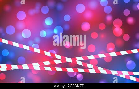 Polizeilichter blinken rot und blau leuchtende Fackeln auf dem nächtlichen Bokeh-Hintergrund. Notfall Blinklicht Fackeln Bokeh Hintergrund mit Polizei Linie. Stock Vektor