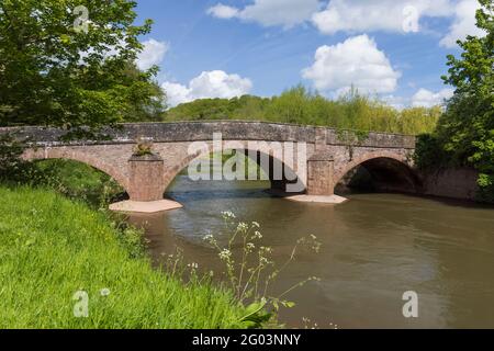 Die Straßenbrücke über den Fluss Monnow bei Skenfrith wurde 1824 erbaut. Monmouthshire, Wales, Großbritannien Stockfoto