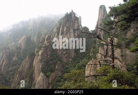 Der Berg Sanqingshan in der Provinz Jiangxi, China. Neblige Berglandschaft mit felsigen Gipfeln auf dem Berg Sanqing. Sanqingshan ist ein heiliger taoistischer Berg. Stockfoto