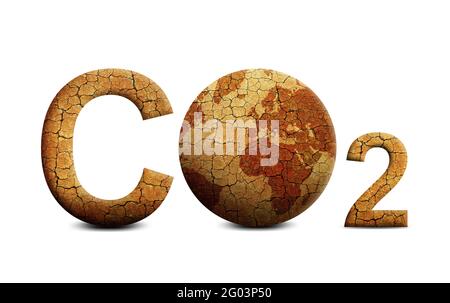 Ausgetrockter Planet Erde und Text CO2 isoliert auf weißem Hintergrund. Globale Erwärmung oder Klimawandel Konzept. Umweltprobleme. Stockfoto