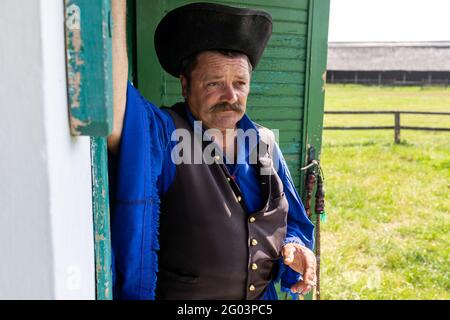 Der traditionelle Wrangler beobachtet die Felder in der Puszta (riesige, karge Felder) in Hortobagy, dem ländlichen Ostungarn Stockfoto