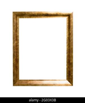 Alte breite flache goldene Bilderrahmen mit ausgeschnittener Leinwand Isoliert auf weißem Hintergrund Stockfoto