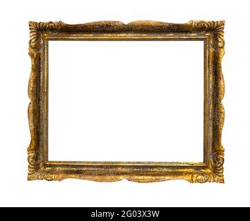 Alte dekorative goldene Bilderrahmen mit ausgeschnittener Leinwand isoliert Auf weißem Hintergrund Stockfoto