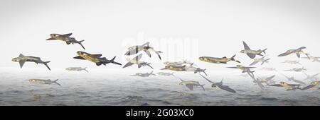 Fliegende Fische, Schule der Exocoetidae, Hintergrund Banner Stockfoto