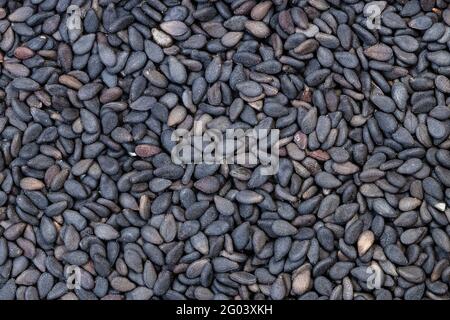 Hintergrund des Essens - viele schwarze Sesamsamen Stockfoto