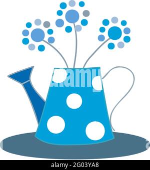Eine blaue Vase in Form einer Gießkanne mit bemalten Blüten aus blauem Dandelion auf weißem Grund. Stock Vektor