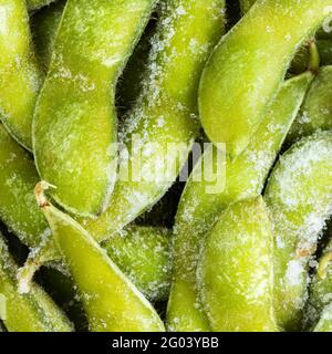 Quadratischer Hintergrund – gefrorener Edamame (unreife Sojabohnen) Pods in Nahaufnahme Stockfoto