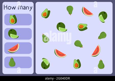 Kids mathematische Mini-Spiel - zählen, wie viele Früchte - Avocado, Limette, Wassermelone, Birne. Pädagogische Spiele für Kinder. Cartoon Design Vorlage auf bunten Hintergrund. Vektorgrafik. Stock Vektor