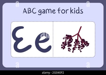 Kind Alphabet Mini-Spiele im Cartoon-Stil mit dem Buchstaben E - Holunderbeere. Vektor-Illustration für Spiel-Design - Schneiden und spielen. Lerne abc mit Flash-Karten für Obst und Gemüse. Stock Vektor