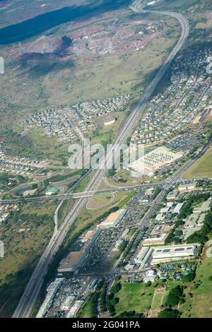 Luftaufnahme von Kapolei Hawaii. Es handelt sich um eine geplante Gemeinde im Landkreis Honolulu auf der Insel Oʻahu. Stockfoto
