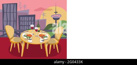 Restaurant oder Cafe auf dem Dach mit Blick auf die Stadt. Ort für romantische Dating. Tisch mit Geschirr und zwei Stühlen. Stadtbild bei Sonnenuntergang. vektor-illustrat Stock Vektor