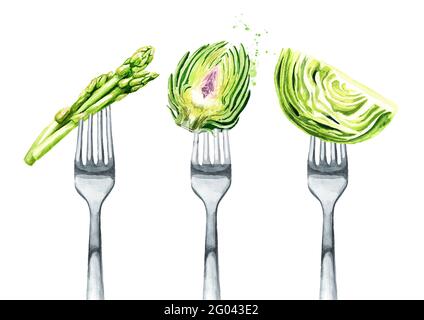 Spargel, Kohl, Artischocke auf einer Gabel. Konzept der Ernährung und gesunde Ernährung. Handgezeichnete Aquarelldarstellung isoliert auf weißem Hintergrund Stockfoto