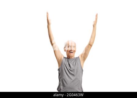 Älterer Mann, der Arme auf weißem Hintergrund trainiert und dehnet Stockfoto