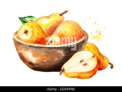 Schüssel mit frischen reifen roten gelben Honigbirnenfrüchten. Handgezeichnete Aquarellillustration, isoliert auf weißem Hintergrund Stockfoto