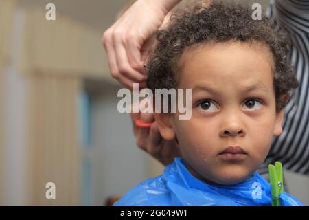 Junge bekommt seinen Haarschnitt in einem Friseursalon Stock Foto Stockfoto